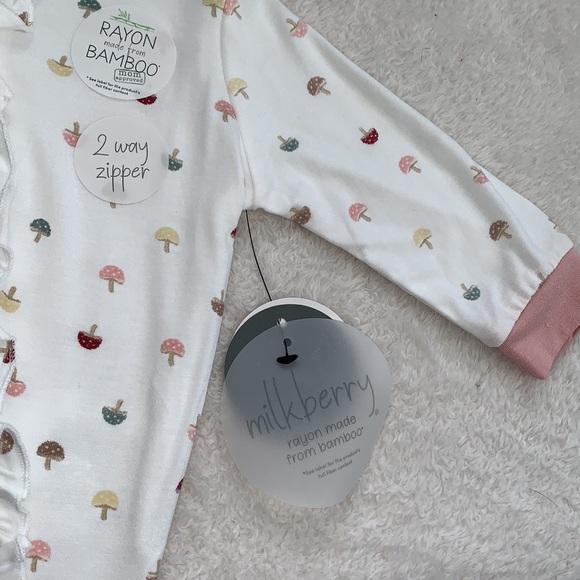 NWT Milkberry Mushrooms 6-9M Ruffle Footie & Headband Set White and Pink Bamboo - Picture 5 of 10